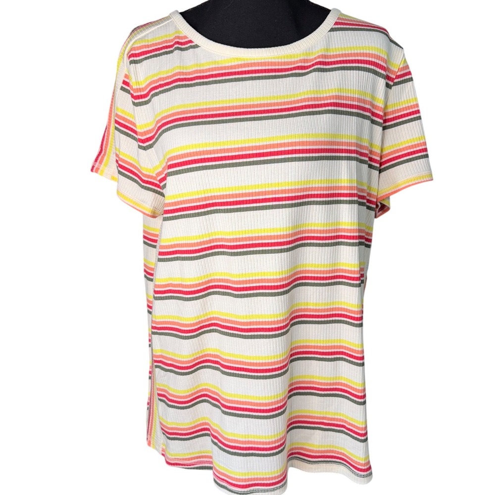 NWT T by‎ Talbots XL Ribbed Stripe Short Sleeve Multicolor Tee Summer Coastal
